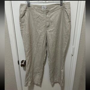 Calvin Klein Jeans 100% Flax Linen khaki Capri Pants Sz 12 Embroidered Trim